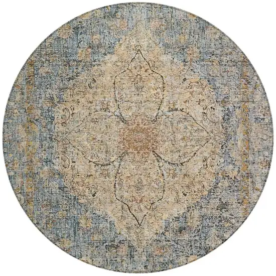 8' Blue And Beige Round Oriental Washable Indoor Outdoor Area Rug Photo 3