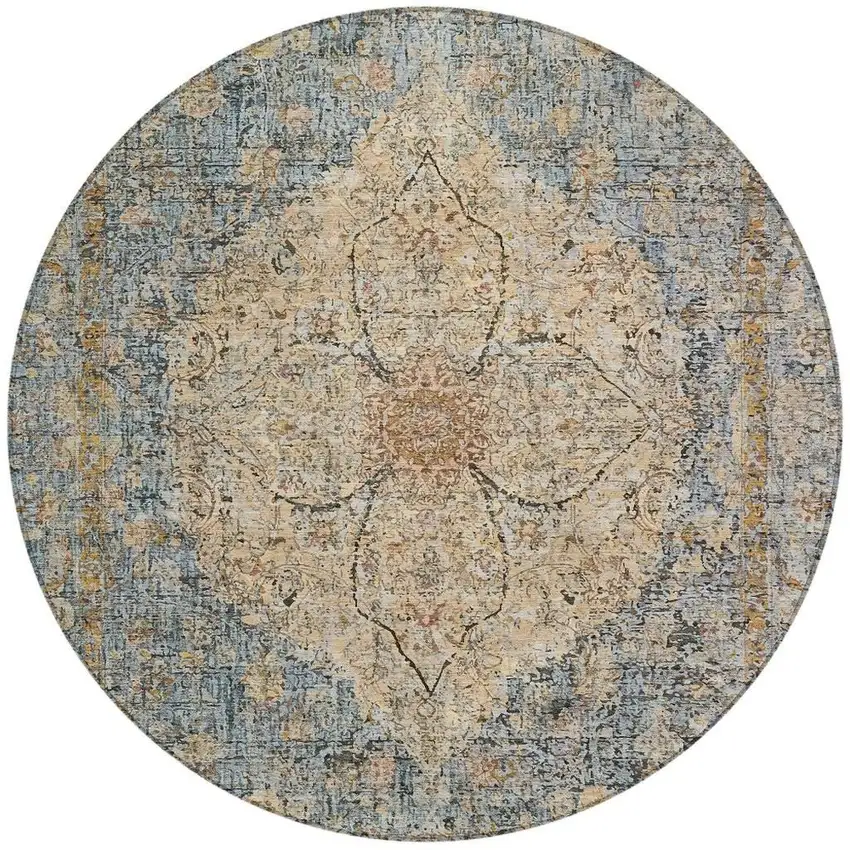 8' Blue And Beige Round Oriental Washable Indoor Outdoor Area Rug Photo 3