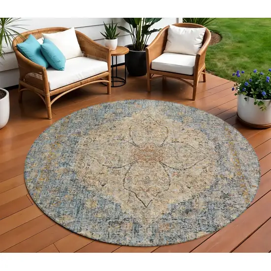8' Blue And Beige Round Oriental Washable Indoor Outdoor Area Rug Photo 2