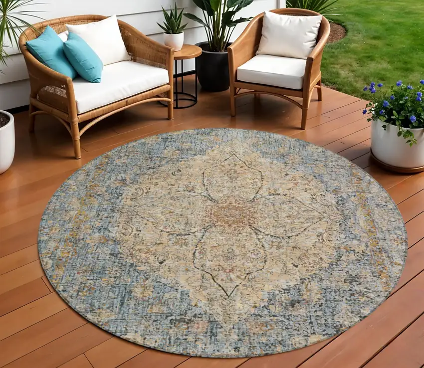 8' Blue And Beige Round Oriental Washable Indoor Outdoor Area Rug Photo 2