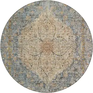 Photo of 8' Blue And Beige Round Oriental Washable Indoor Outdoor Area Rug