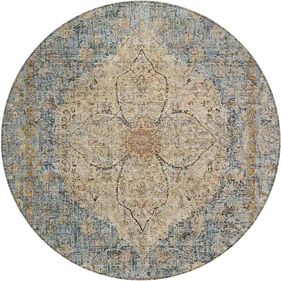 8' Blue And Beige Round Oriental Washable Indoor Outdoor Area Rug Photo 1
