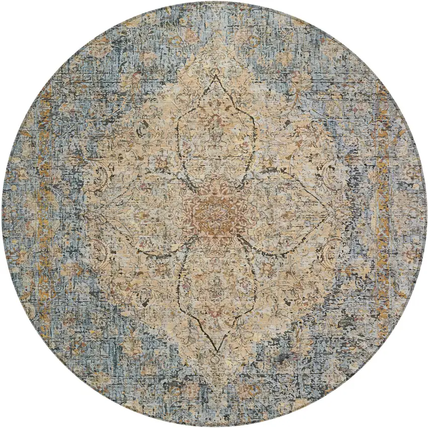 8' Blue And Beige Round Oriental Washable Indoor Outdoor Area Rug Photo 1