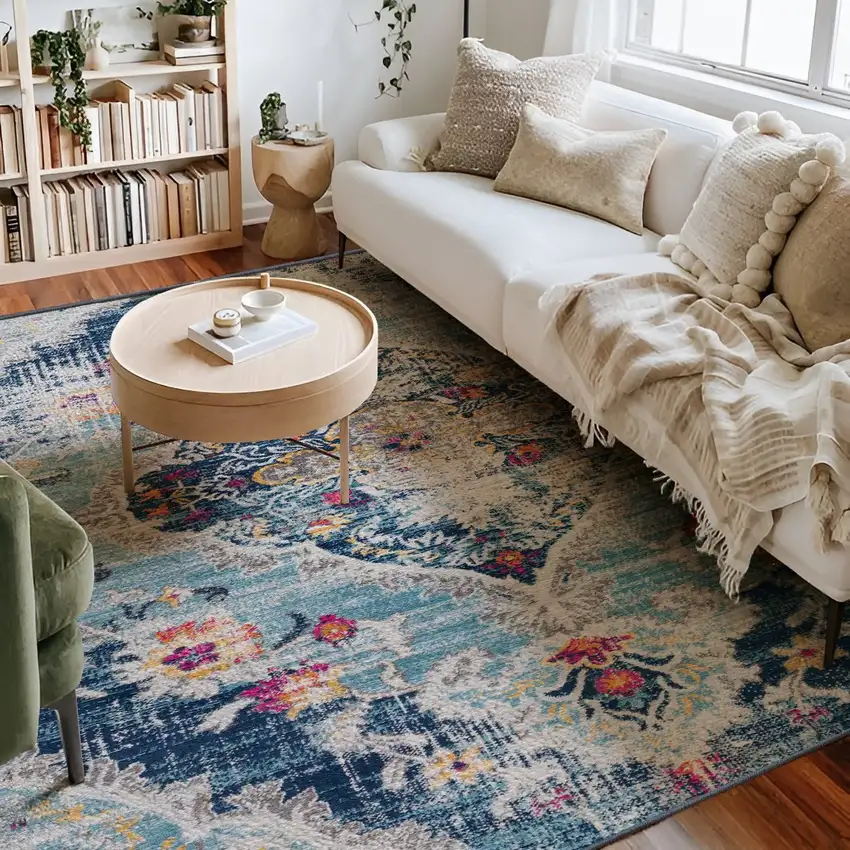 8' Blue And Beige Round Oriental Washable Non Skid Area Rug Photo 1