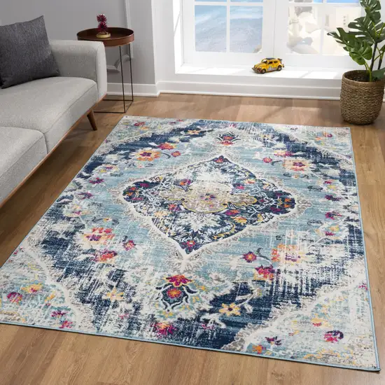 8' Blue And Beige Round Oriental Washable Non Skid Area Rug Photo 6