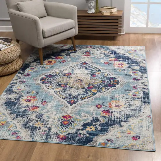 8' Blue And Beige Round Oriental Washable Non Skid Area Rug Photo 3