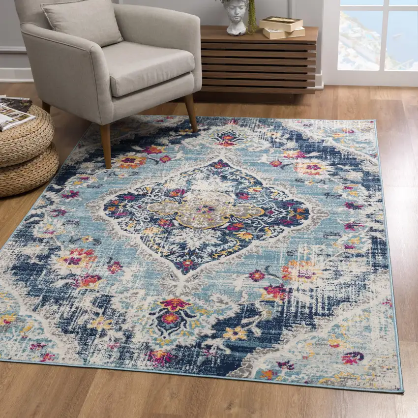 8' Blue And Beige Round Oriental Washable Non Skid Area Rug Photo 3