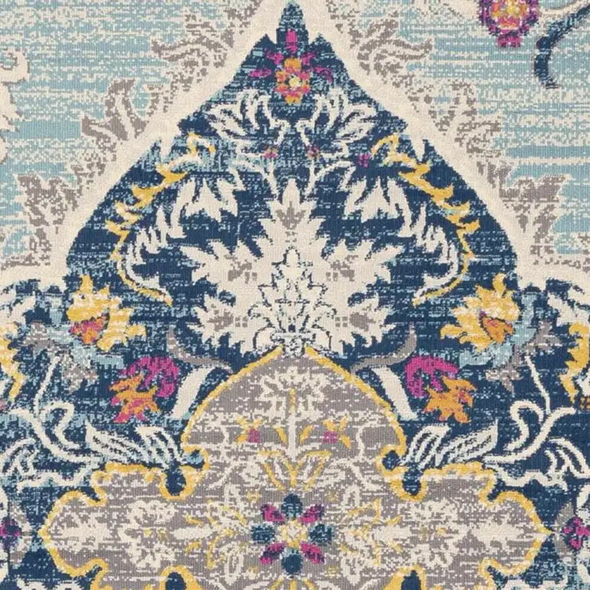 8' Blue And Beige Round Oriental Washable Non Skid Area Rug Photo 4