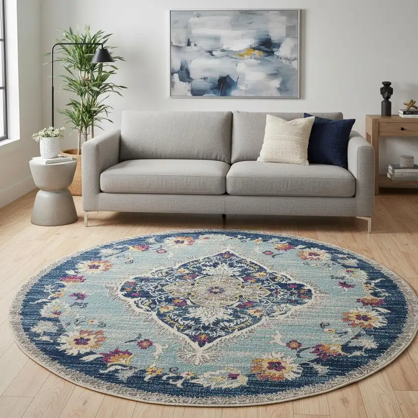8' Blue And Beige Round Oriental Washable Non Skid Area Rug Photo 2