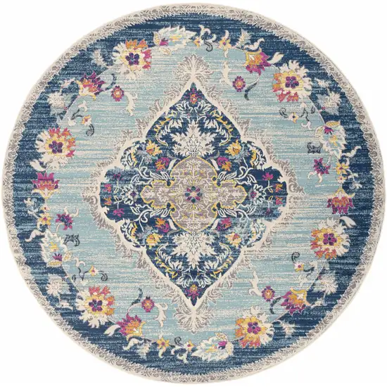 8' Blue And Beige Round Oriental Washable Non Skid Area Rug Photo 1
