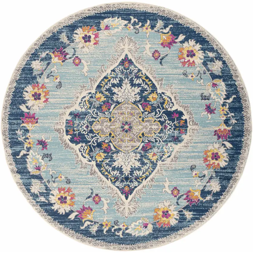 8' Blue And Beige Round Oriental Washable Non Skid Area Rug Photo 1
