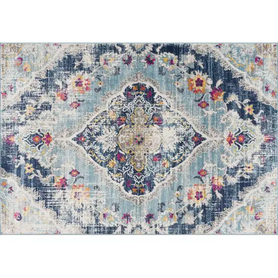 8' Blue And Beige Round Oriental Washable Non Skid Area Rug Photo 5