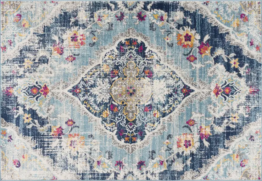 8' Blue And Beige Round Oriental Washable Non Skid Area Rug Photo 5