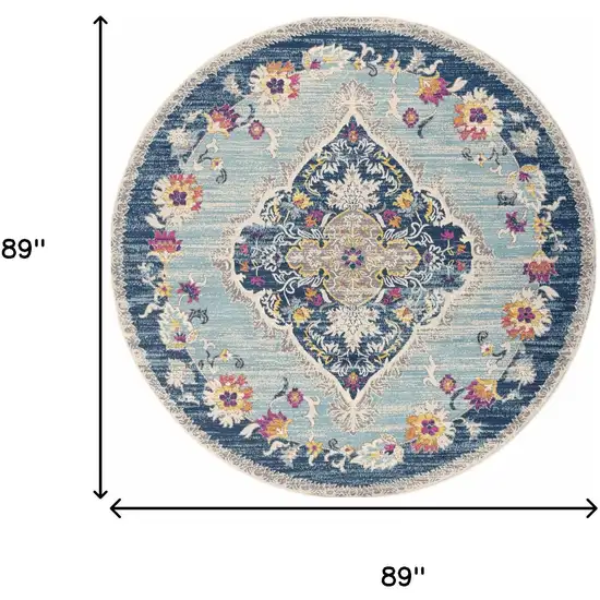 8' Blue And Beige Round Oriental Washable Non Skid Area Rug Photo 5