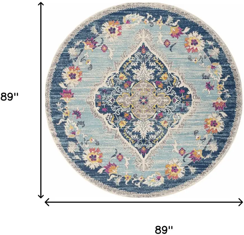 8' Blue And Beige Round Oriental Washable Non Skid Area Rug Photo 5