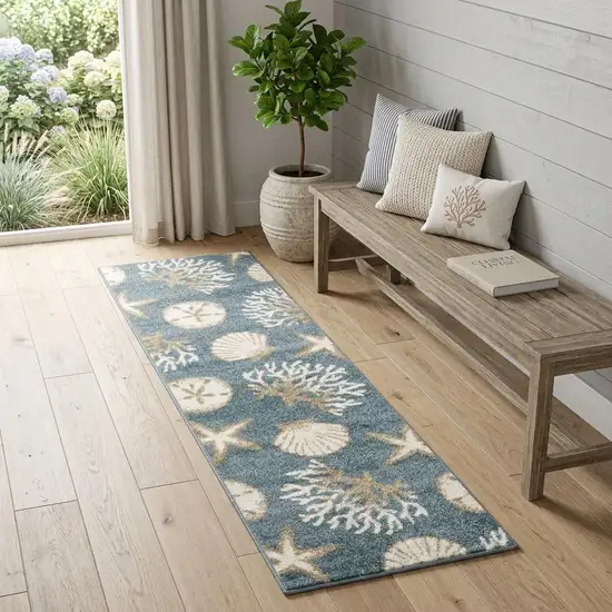 7' Blue And Beige Seashell and Coral Runner Rug Photo 1