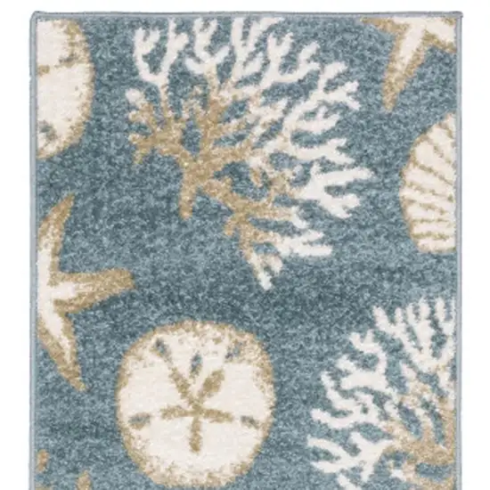 7' Blue And Beige Seashell and Coral Runner Rug Photo 4