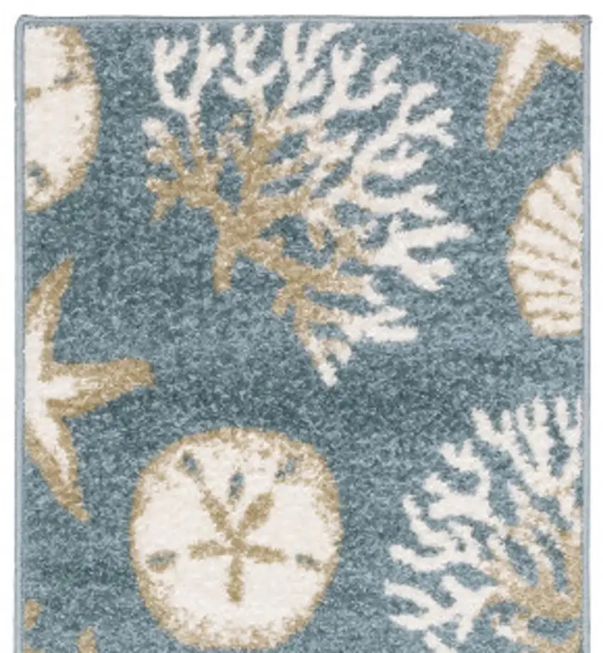 7' Blue And Beige Seashell and Coral Runner Rug Photo 4