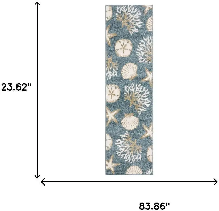 7' Blue And Beige Seashell and Coral Runner Rug Photo 9