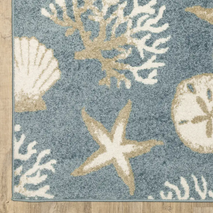 7' Blue And Beige Seashell and Coral Runner Rug Photo 8