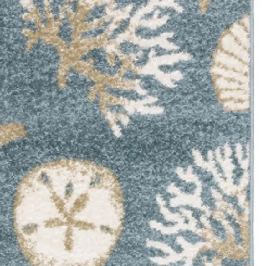 7' Blue And Beige Seashell and Coral Runner Rug Photo 3