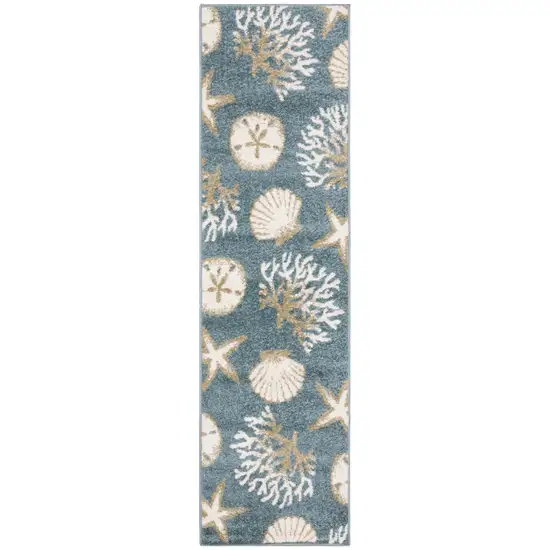 7' Blue And Beige Seashell and Coral Runner Rug Photo 2