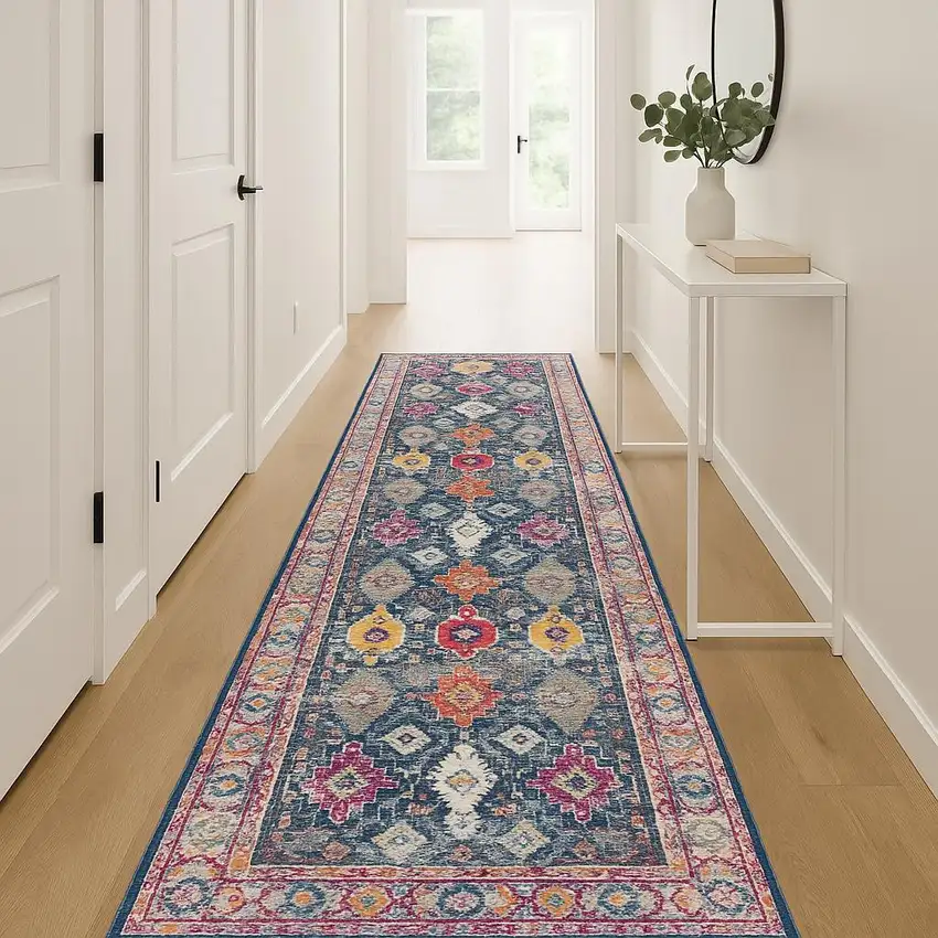 12' Blue And Beige Southwestern Runner Rug Photo 8