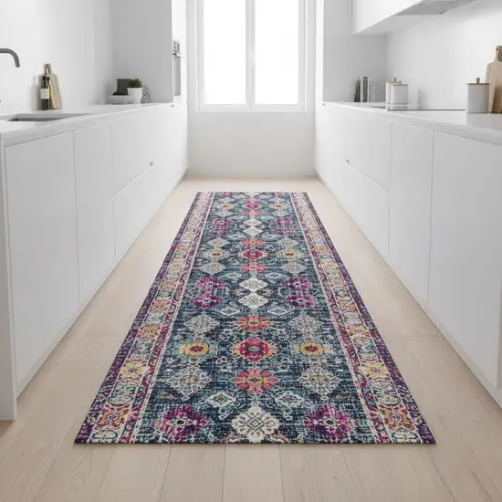 9' Blue And Beige Southwestern Runner Rug Photo 1