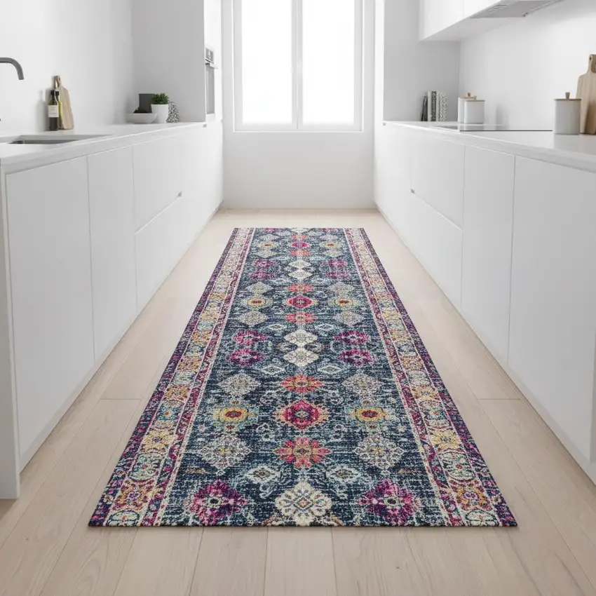 9' Blue And Beige Southwestern Runner Rug Photo 1