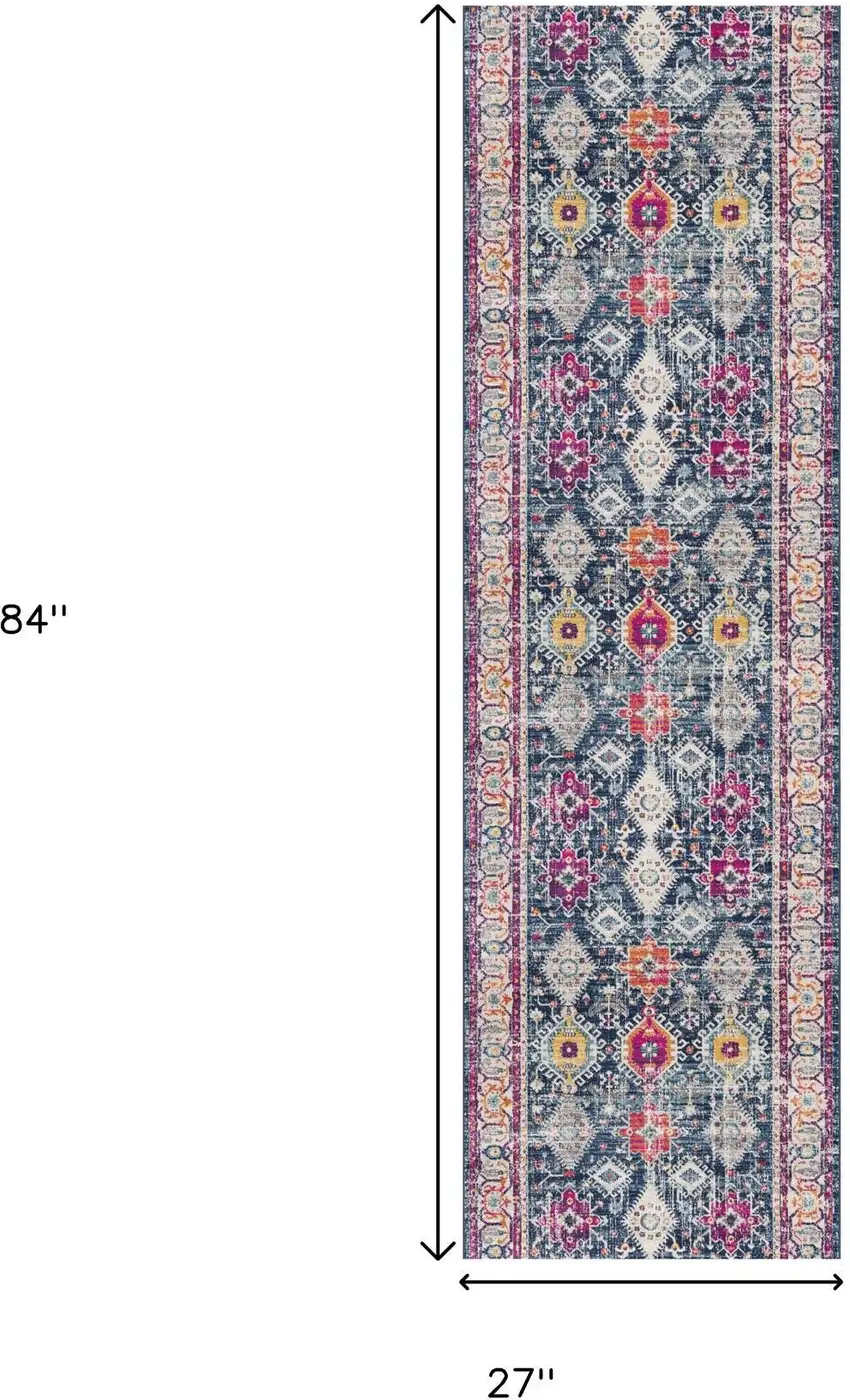 7' Blue And Beige Southwestern Runner Rug Photo 8