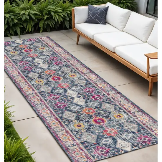 7' Blue And Beige Southwestern Runner Rug Photo 1