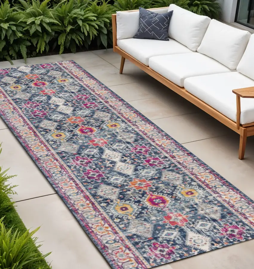 7' Blue And Beige Southwestern Runner Rug Photo 1