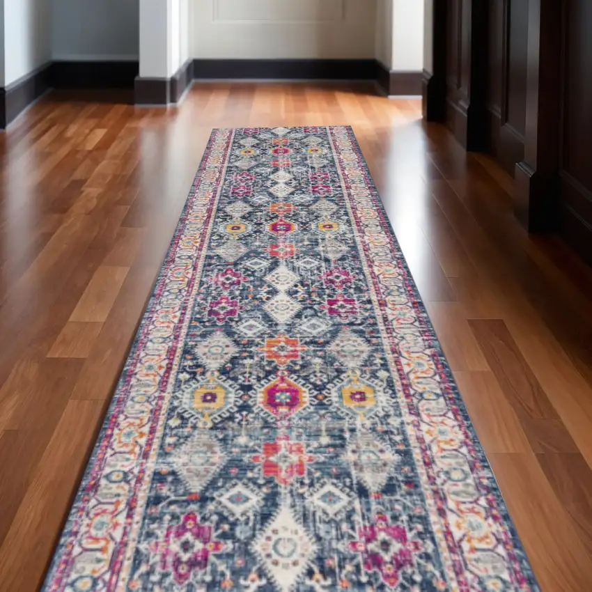 11' Blue And Beige Southwestern Runner Rug Photo 1