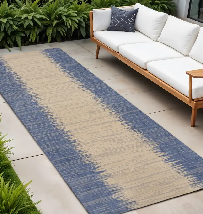10' Blue And Beige Striped Indoor Outdoor Runner Rug Photo 1