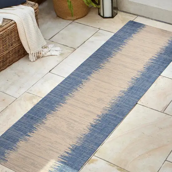 10' Blue And Beige Striped Indoor Outdoor Runner Rug Photo 6