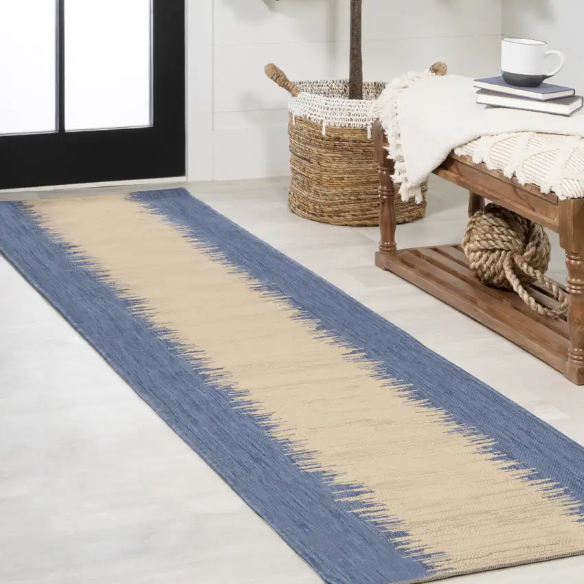 8' Blue And Beige Striped Indoor Outdoor Runner Rug Photo 4