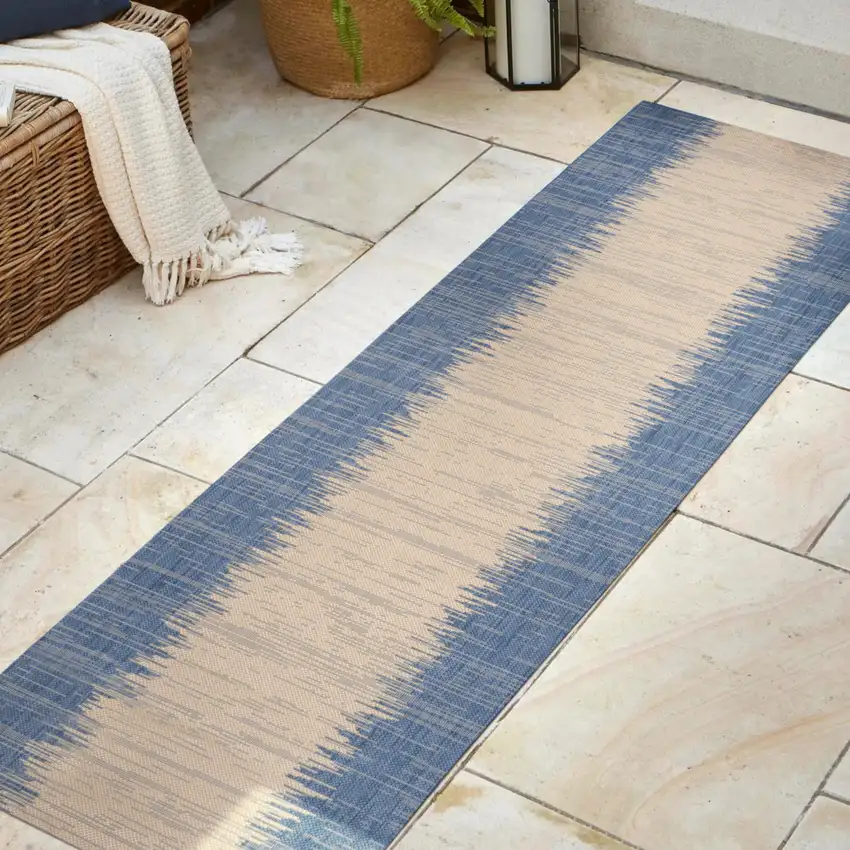 8' Blue And Beige Striped Indoor Outdoor Runner Rug Photo 5