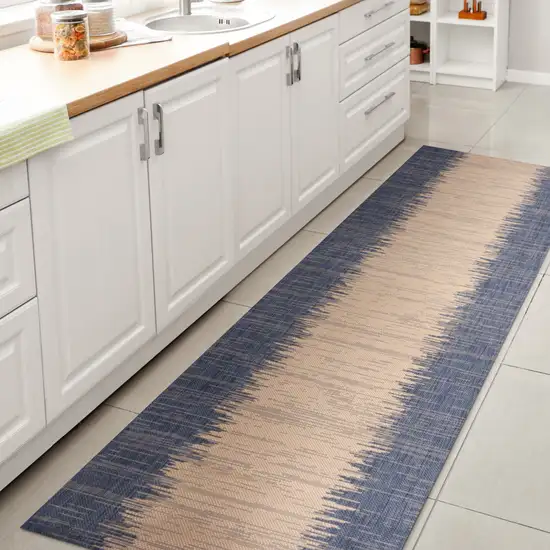 8' Blue And Beige Striped Indoor Outdoor Runner Rug Photo 6