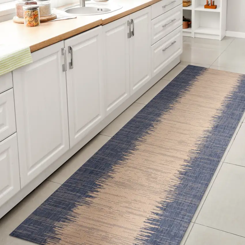 8' Blue And Beige Striped Indoor Outdoor Runner Rug Photo 6