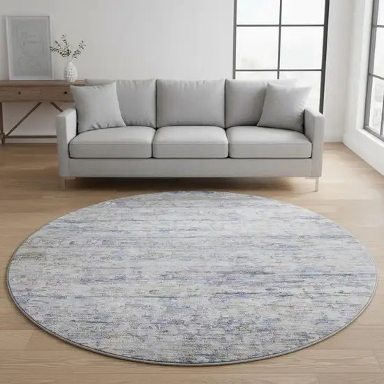 8' Blue And Beige Striped Washable Round Rug With UV Protection Photo 2