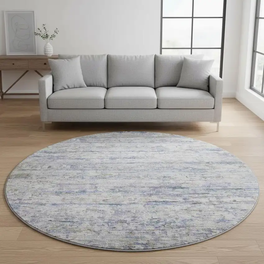 8' Blue And Beige Striped Washable Round Rug With UV Protection Photo 2