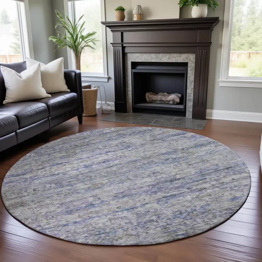 8' Blue And Beige Striped Washable Round Rug With UV Protection Photo 4