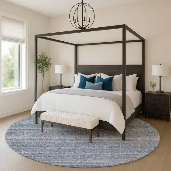 8' Blue And Beige Striped Washable Round Rug With UV Protection Photo 5