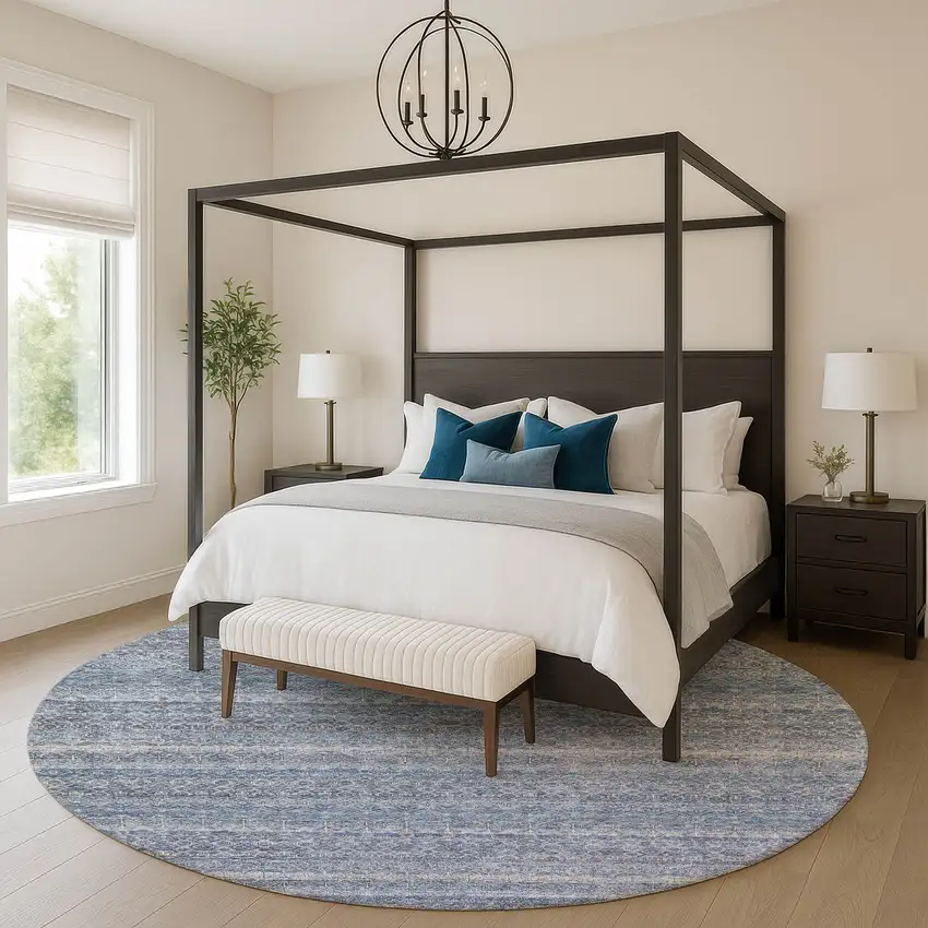 8' Blue And Beige Striped Washable Round Rug With UV Protection Photo 5