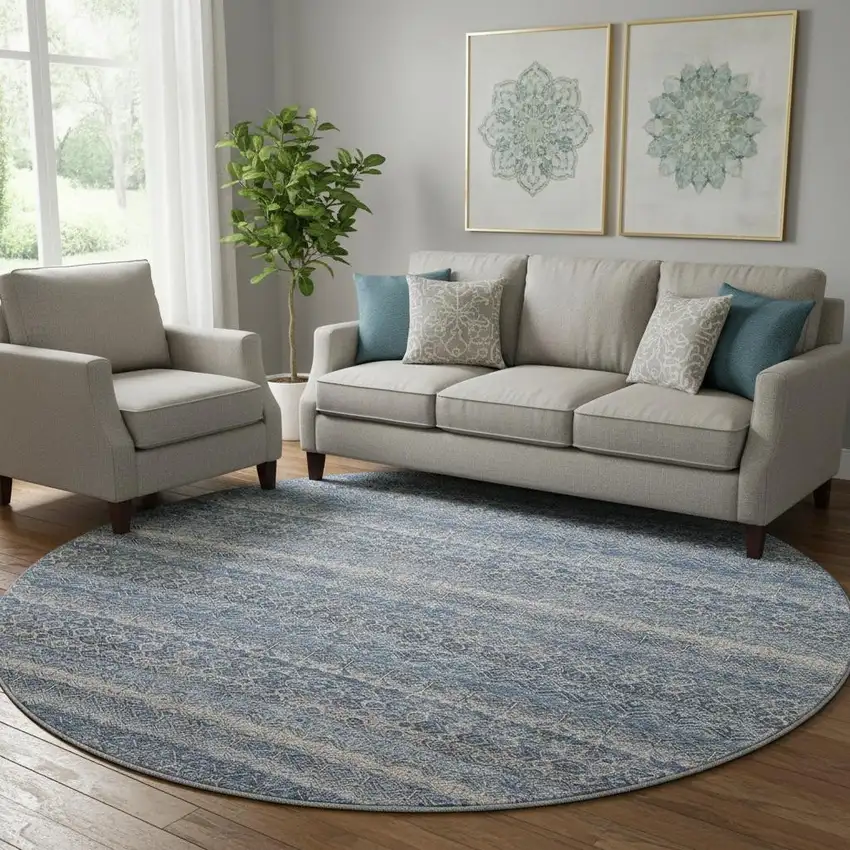 8' Blue And Beige Striped Washable Round Rug With UV Protection Photo 2