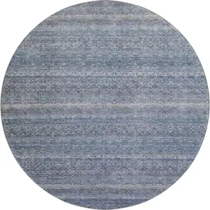 Photo of 8' Blue And Beige Striped Washable Round Rug With UV Protection