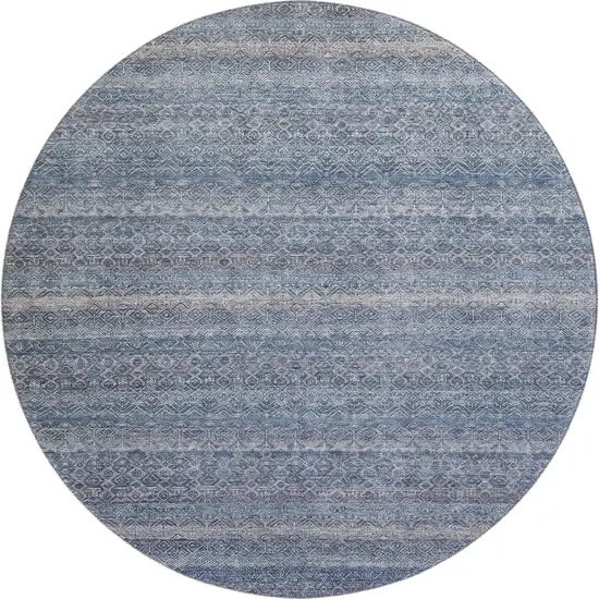 8' Blue And Beige Striped Washable Round Rug With UV Protection Photo 1