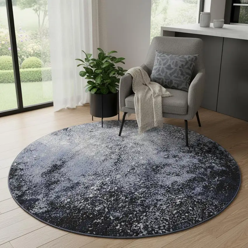4' Blue And Black Abstract Round Rug Photo 1