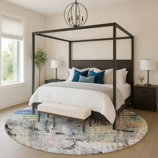 8' Blue And Black Abstract Washable Round Rug With UV Protection Photo 5