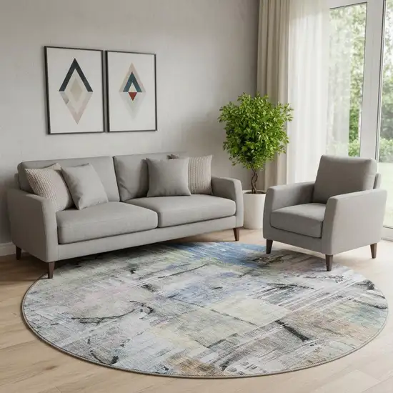 8' Blue And Black Abstract Washable Round Rug With UV Protection Photo 2